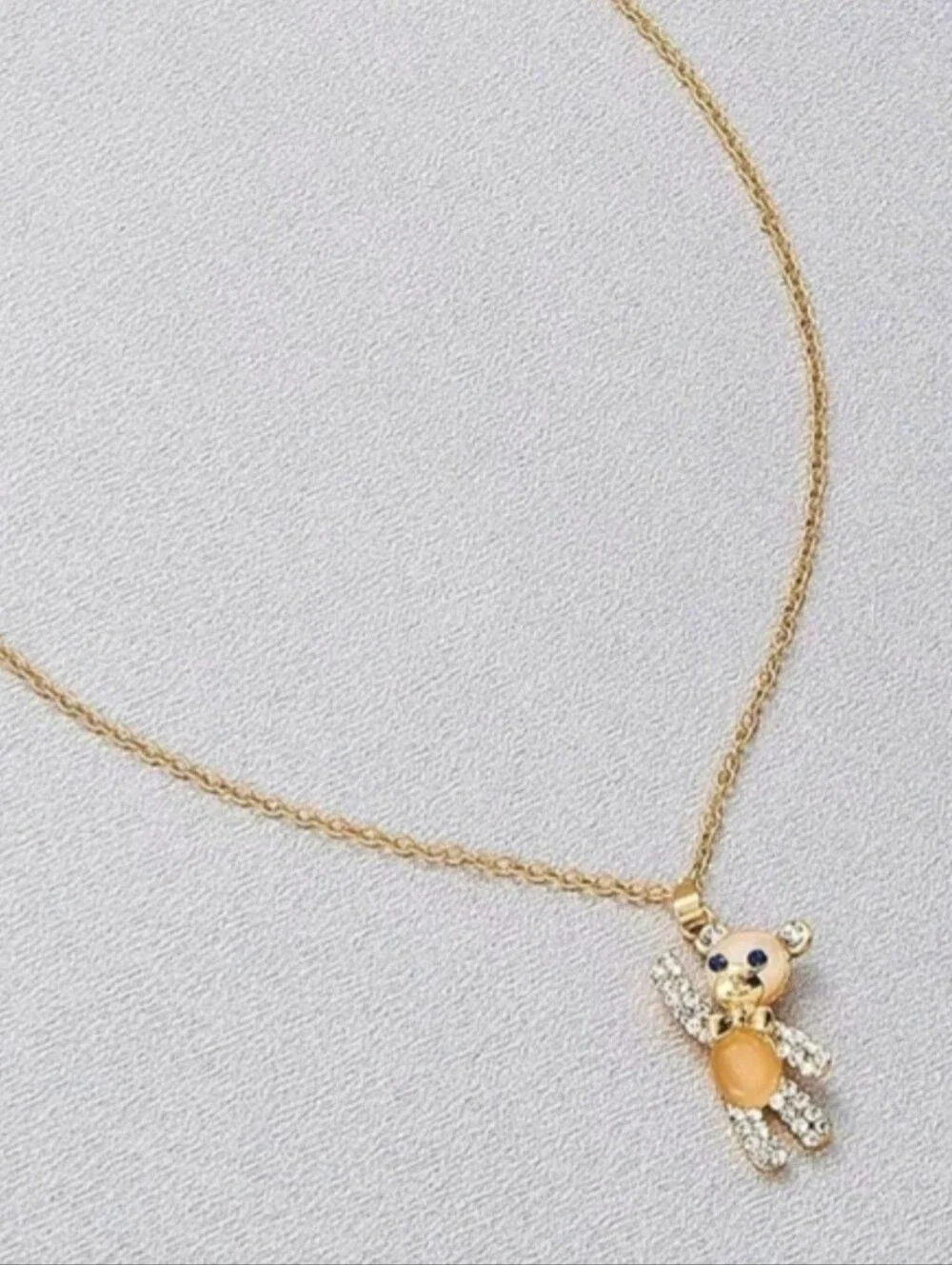 Gold Teddy Bear Cats Eye Gemstone Rhinestone Necklace Necklaces